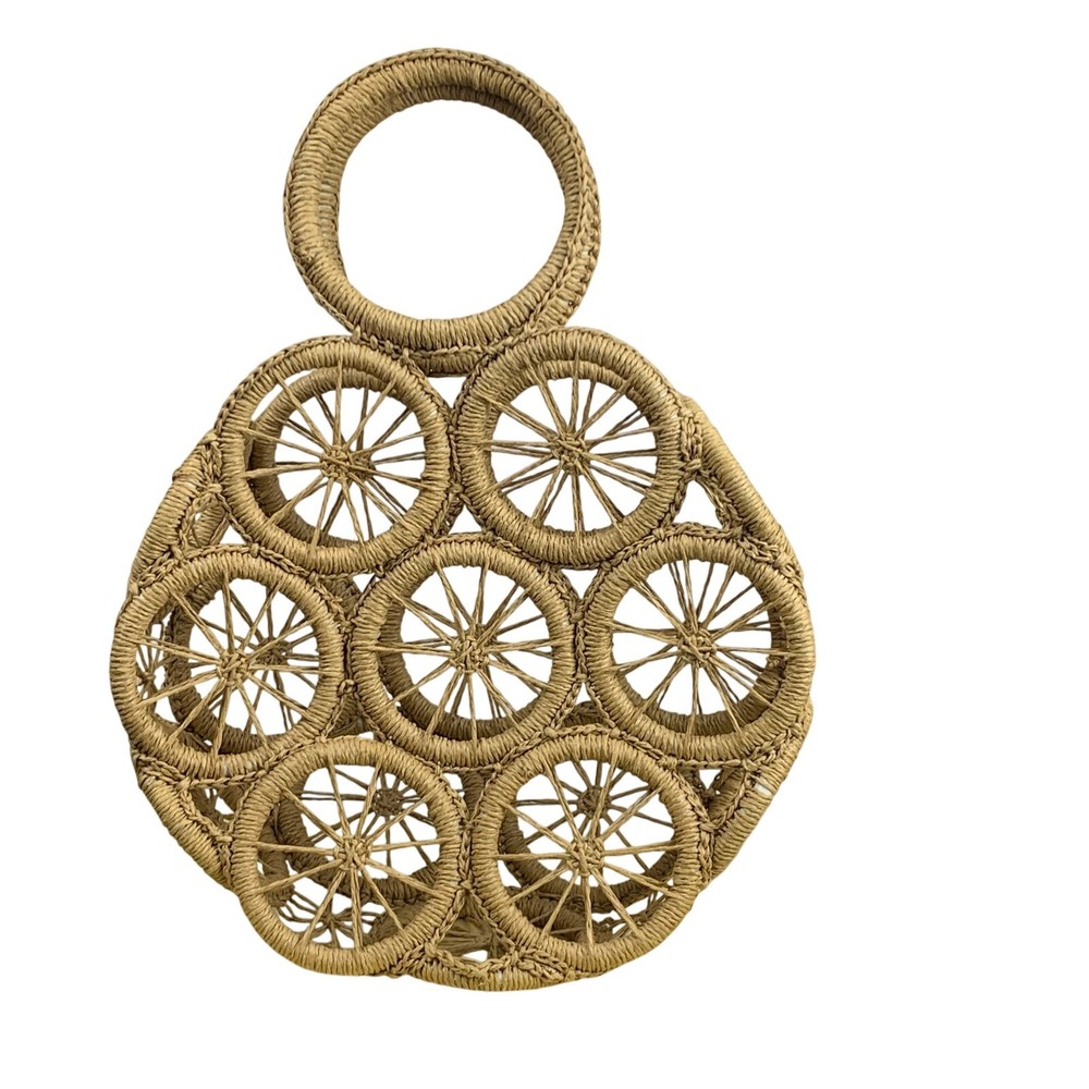 Woven Wicker Round Top Handle Bag Minimalist Straw Summer Handbag Beach Wedding