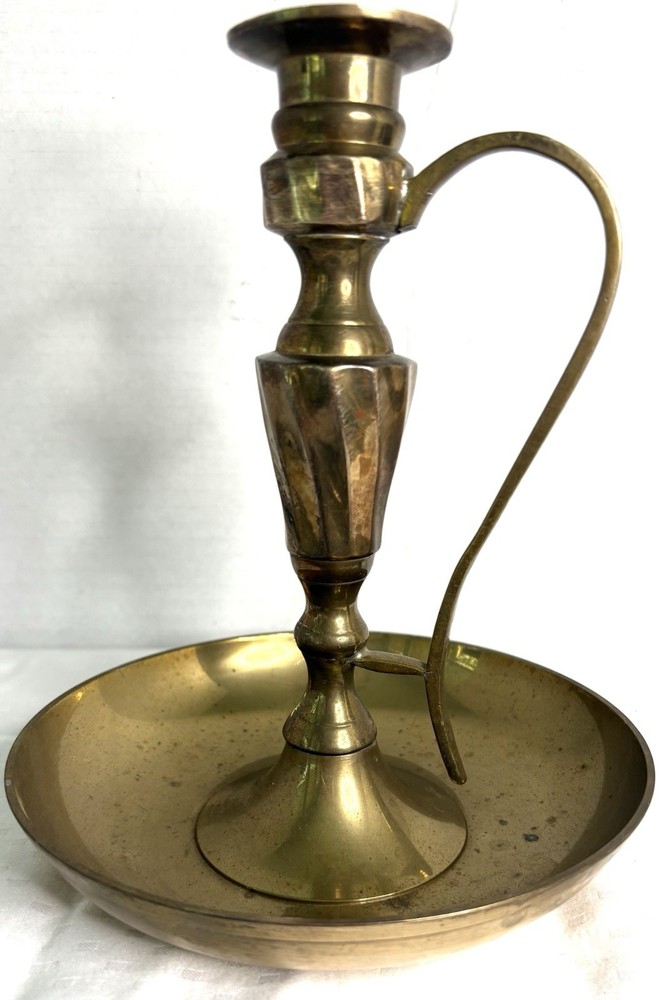 Vintage Solid Brass Candlestick with Handle and Drip Tray 7.25H x 6.25W
