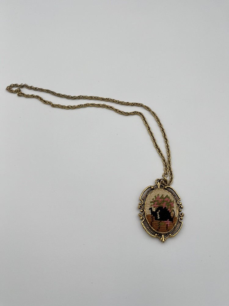VTG Petit Point Pendant Necklace Floral Victorian Style Frame Mirror Gold Tone