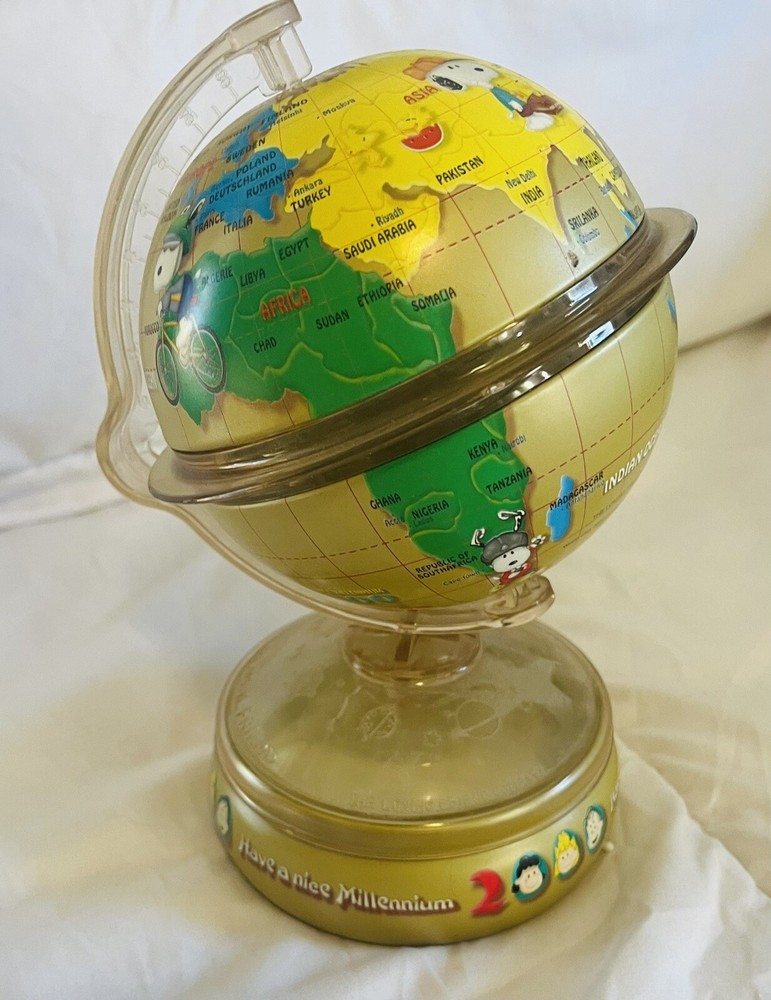 Mini Globe Coin Bank Metal W Plastic Stand Spins 2000 Snoopy