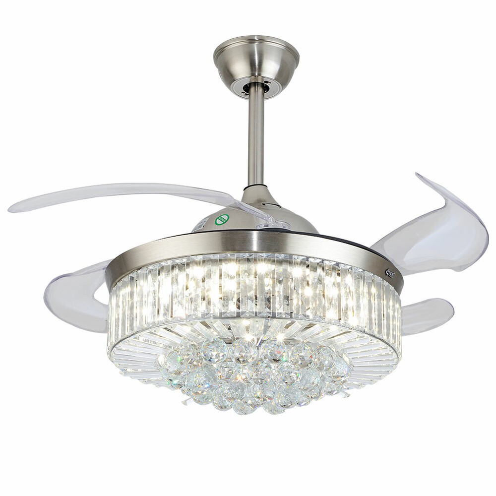 42 or 36 Inch Invisible Crystal Chandelier Ceiling Fan with 3-Color LED and Remote Control