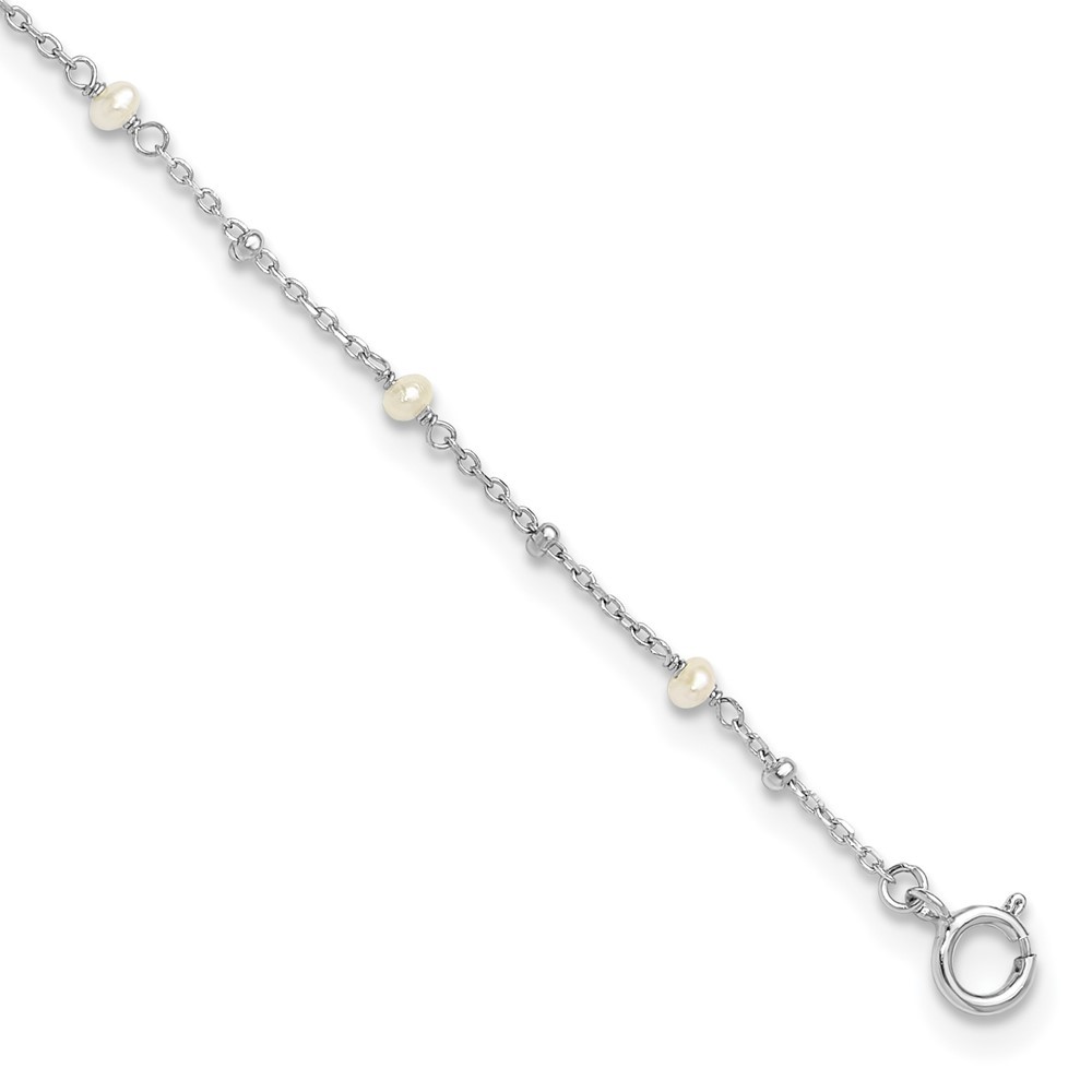 925 Sterling Silver Rhodium 3mm FWC Pearl Anklet 9in w/1in Ext 1.11g