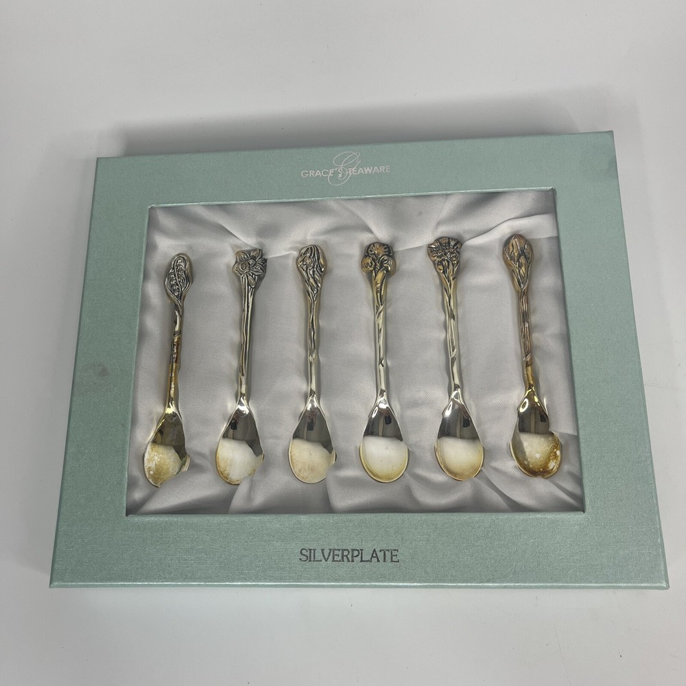 Vintage Grace's Teaware Spoon Set Demitasse Silverplate 6PC NIB Sealed Floral