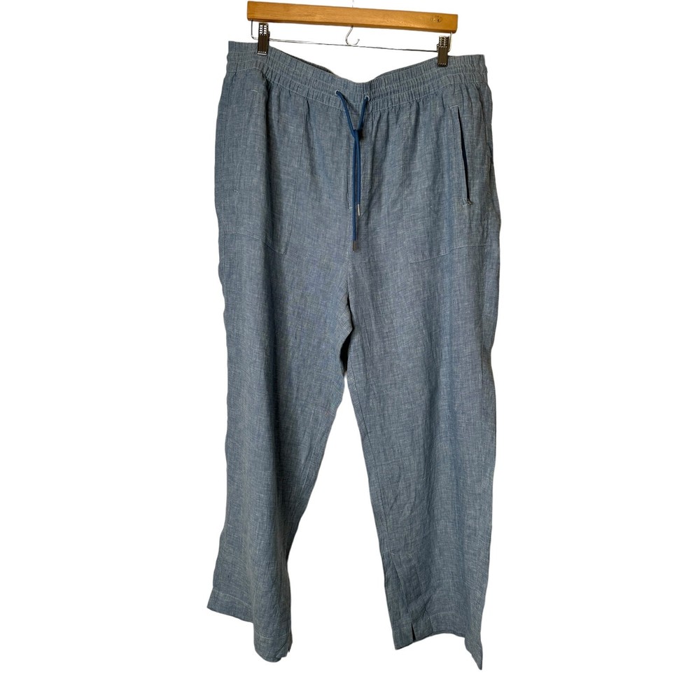 Athleta Womens Retreat High Rise 100% Linen Chambaray Blue Pull On Pants Sz 18
