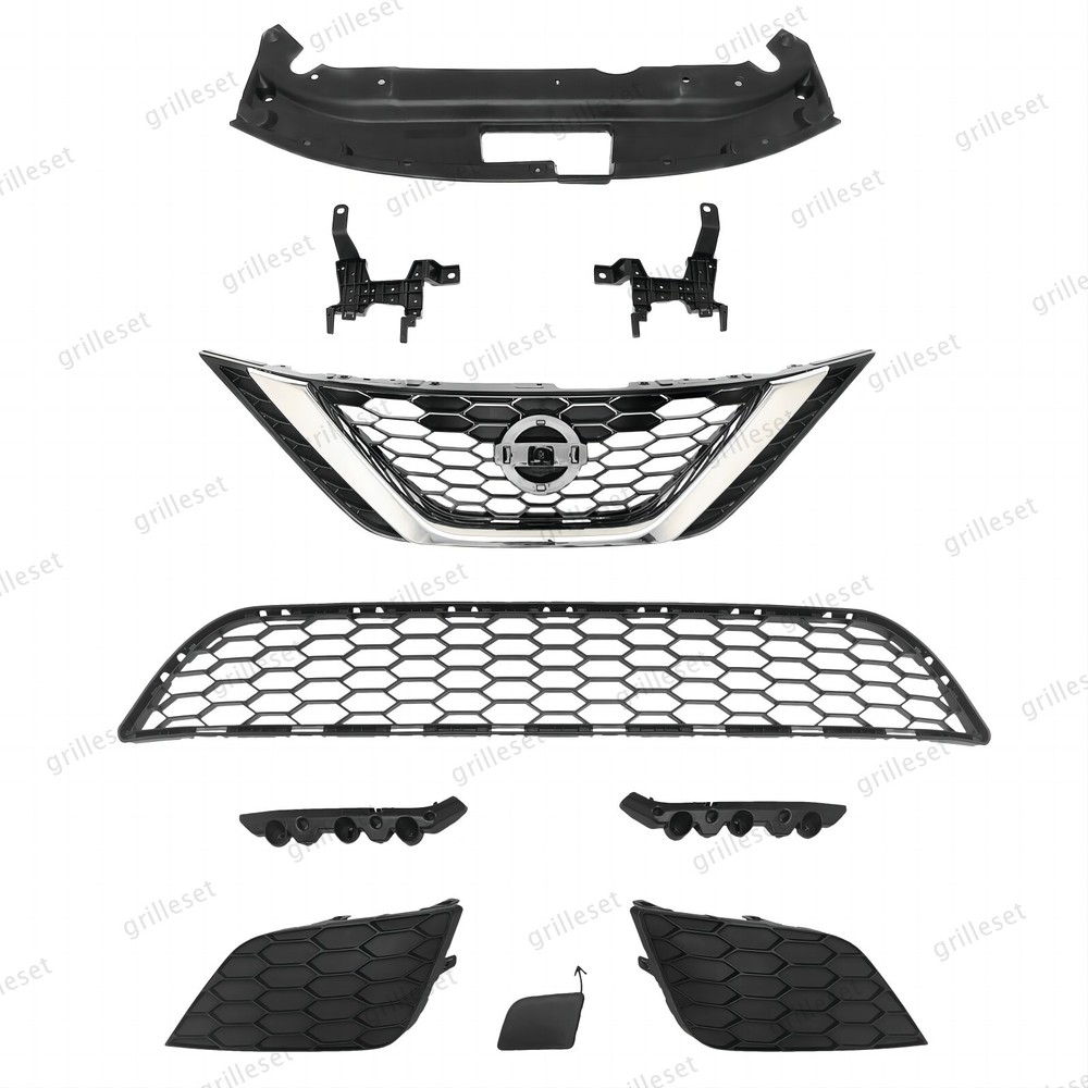 For Sentra 2016-19 10PC Upper Chrome Grille with Lower Mesh & Bumper Bracket Set