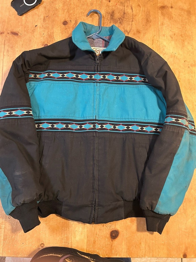Vintage Western Frontier Turquoise Aztec Southwest Blanket Lined Jacket Large