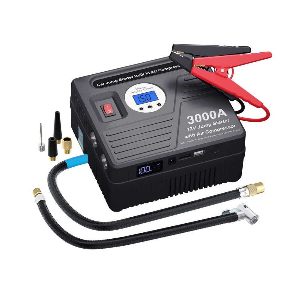 3000Amp Car Jump Starter with Air Compressor, 150PSI Tire Inflator with Digit...