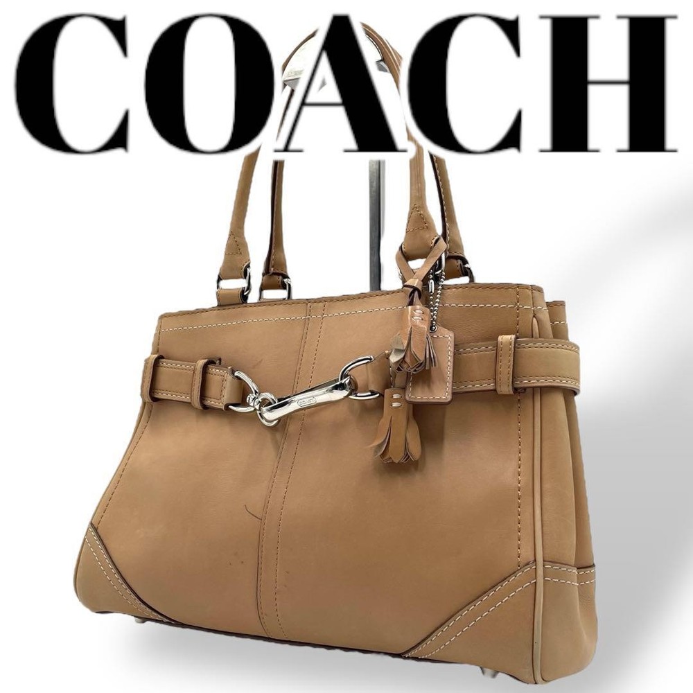 COACH Leather Handbag with Tassel in Beige and Silver Hardware F08A70