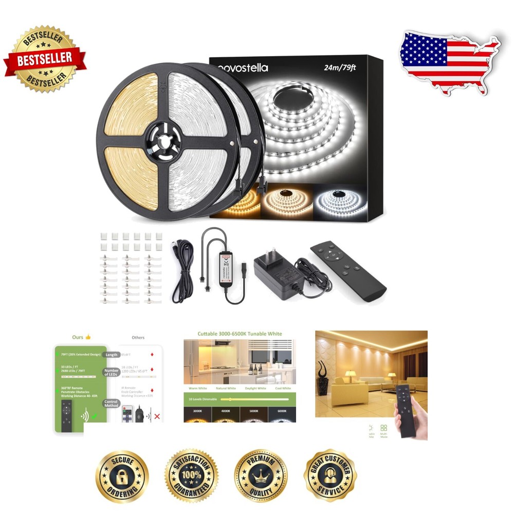 79ft Tunable White LED Strip with RF Remote for Modern Flexible Lighting