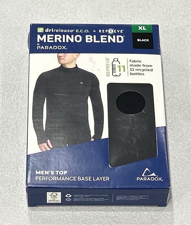 Paradox Men's 1/4 Zip Merino Blend Performance Base Layer Top, Black, Size XL