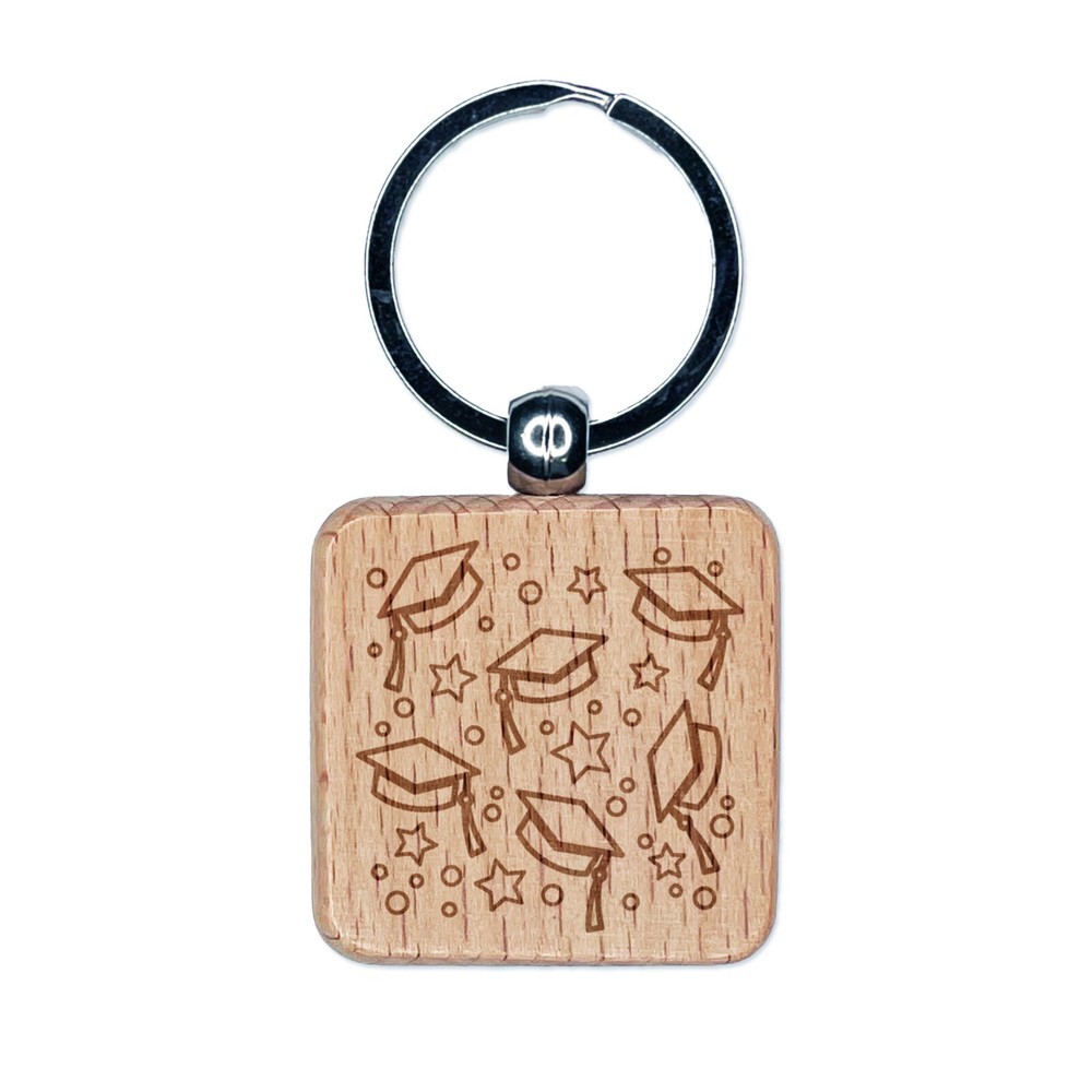 Graduation Caps Repeating Pattern Engraved Wood Square Keychain Tag Charm