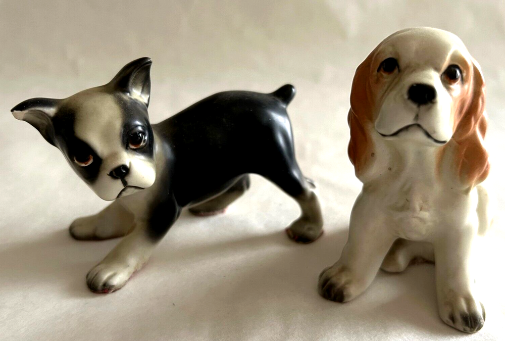 2 CERAMIC PUPPY FIGURINES Playful Boston Terrier & Sitting Cocker Spaniel