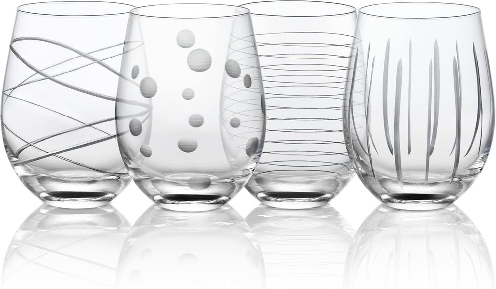 Hand Blown Etched Stemless Polka Dot Stripe Wine Glass  