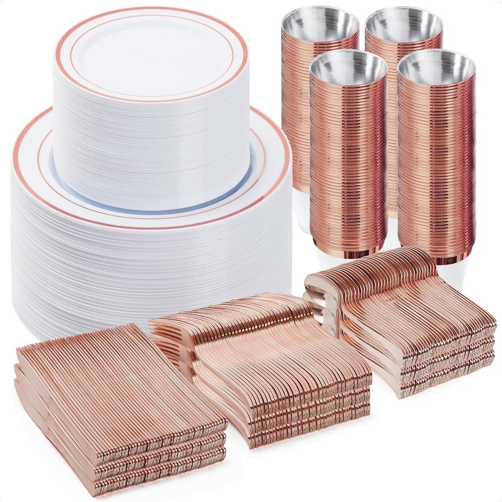 600PCS Plastic Dinnerware Set (100 Guests),Rose Gold Disposable Plates for Party