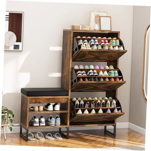 Farmhouse Shoe Cabinet withs for Entryway, Shoe 3 Flip Drawer Rustic Brown