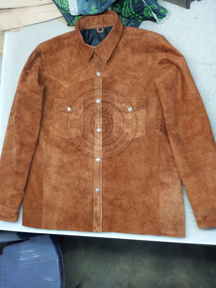 Mens Leather Suede Trucker Premium Western Wear Suede Leather Shirt