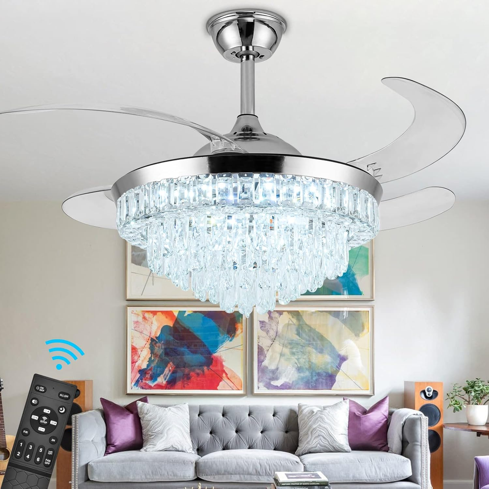 42Inch Modern Crystal Ceiling Fan with Dimmable LED Light and Stepless Speed Control