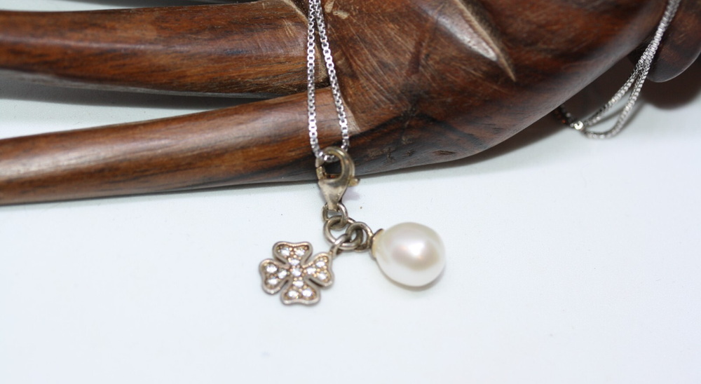 Vintage Thomas Sabo 925 Silver CZ 4-Leaf Clover Pearl Pendant Necklace 20 Inch