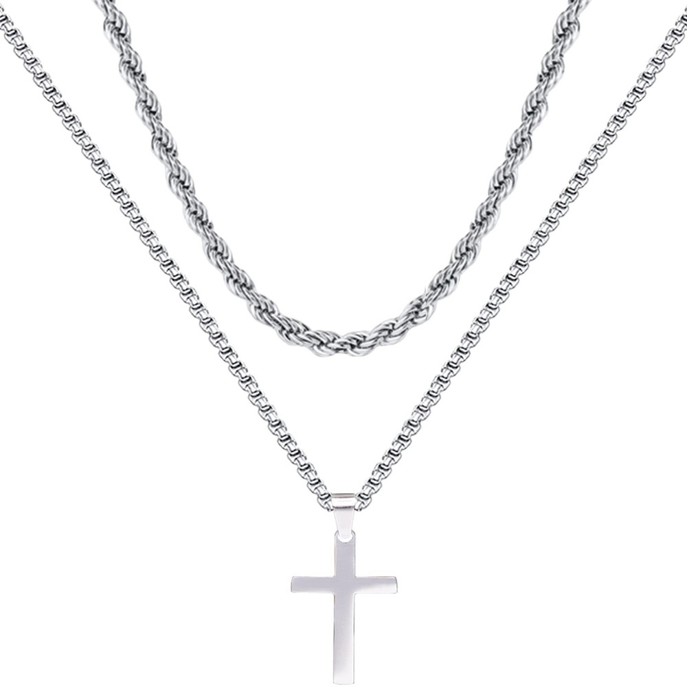 Cross Necklace for Men Boy - Gold Silver Black Stainless Steel Plain Cross Pe...