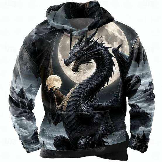 Full Moon Black Dragon Hoodie – 3D Gothic Fantasy Pullover Sweatshirt