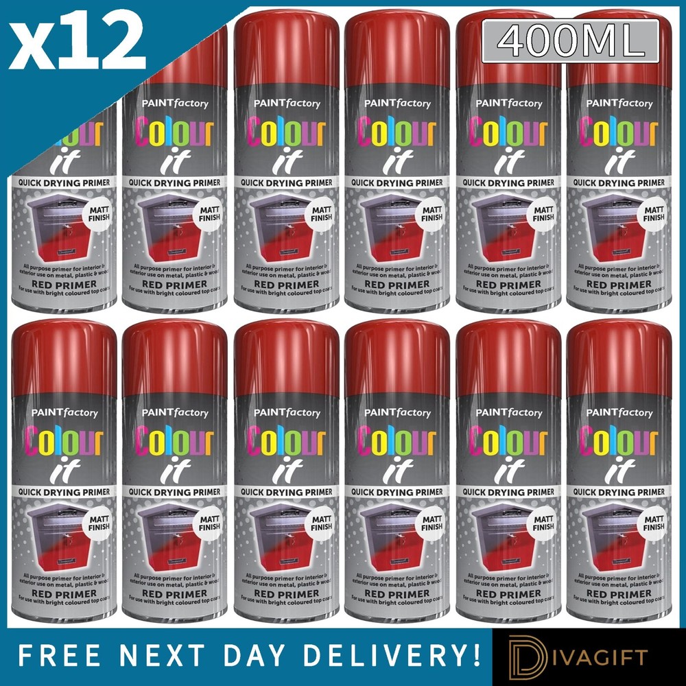 12 x RED PRIMER AEROSOL SPRAY PAINT 400ML MATT FINISH FOR METAL PLASTIC WOOD NEW