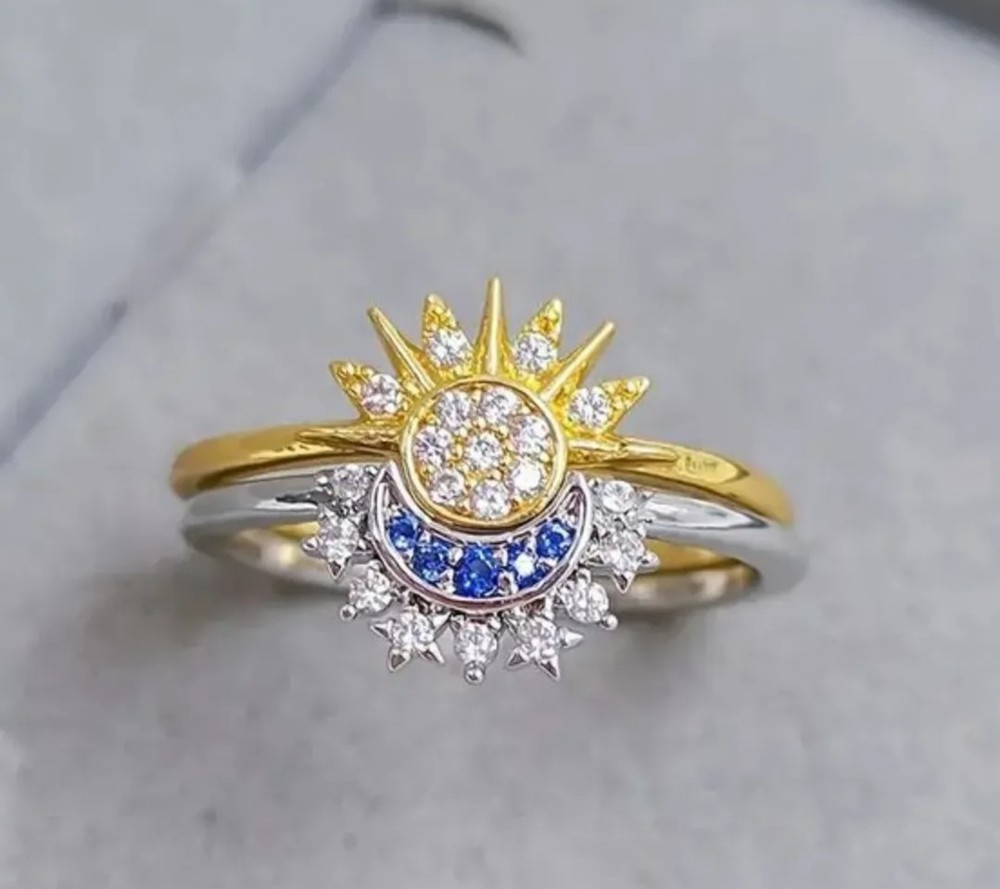 Celestial Sun & Moon Ring Set, Golden Celestial Sun Blue Moon Rings, Unique Ring