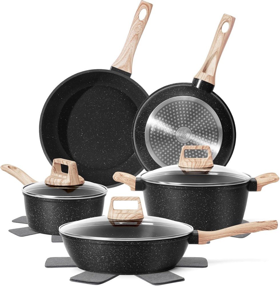 12 Pcs Pots and Pans Set Non Stick, Cookware Sets Black 12 Pieces,