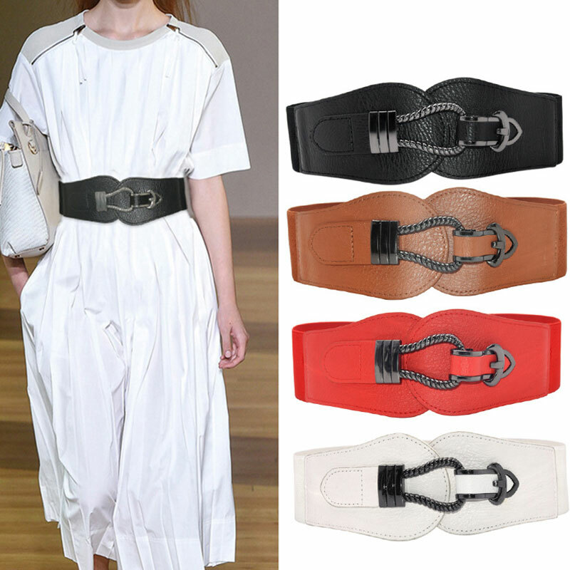 Women Waist Belts Metal Buckle Elastic Stretch Faux Leather Waistband Dress Be