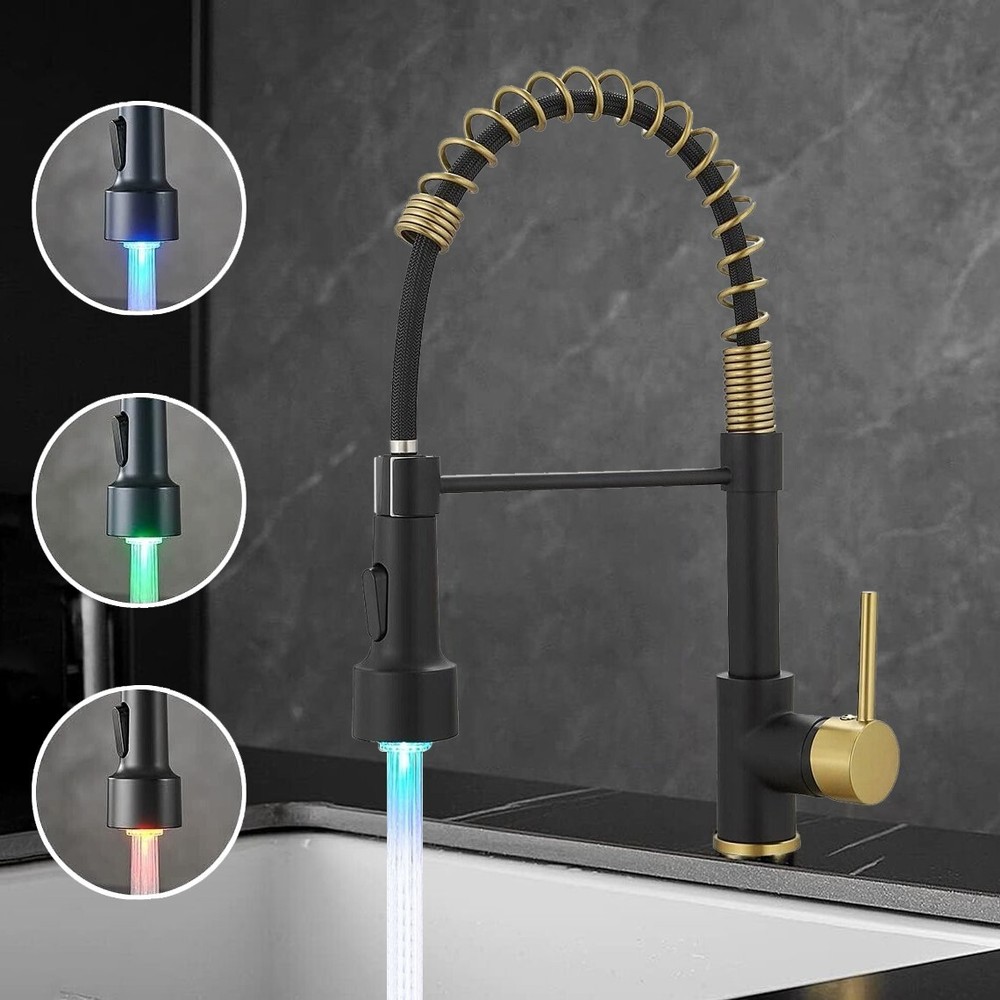 Brushed Gold Black LED Kitchen Sink Faucet Pull Down Sprayer Single Handle Mixer
