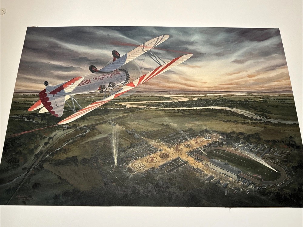 AVIATION PAINTING LANDSCAPE CIRCUS CARNIVAL VIEW EVENT SUNSET FRANK LOUDIN LARGE