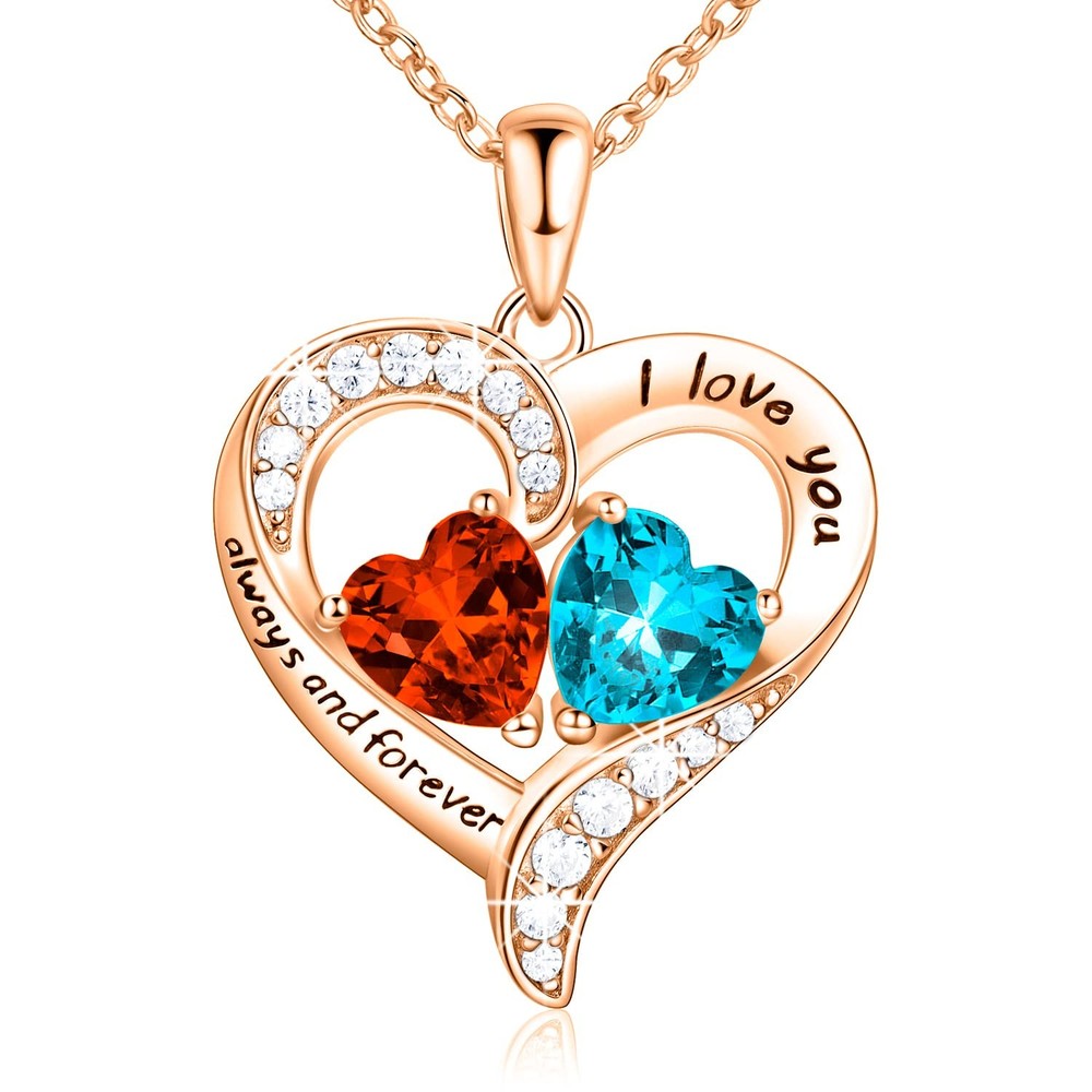18K Rose Gold Heart Necklace, Birthstone Necklace Jewelry for Women with 2 Bi...
