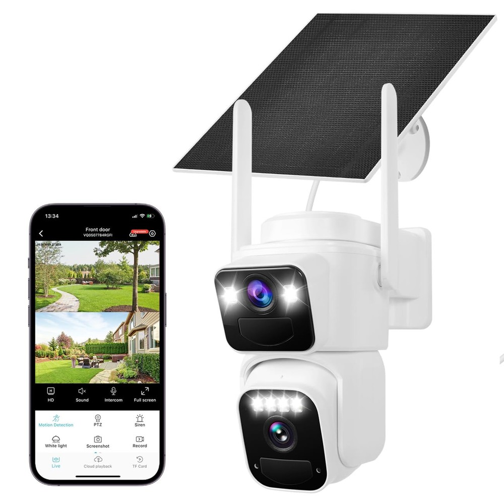 Dual Lens Dual Screen 2K Solar Security Camera Wireless Outdoor 360° View Bat...