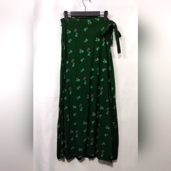 Vintage Floral Clover Maxi Wrap Skirt Women's Xs Green Cottagecore Peasant Y2K