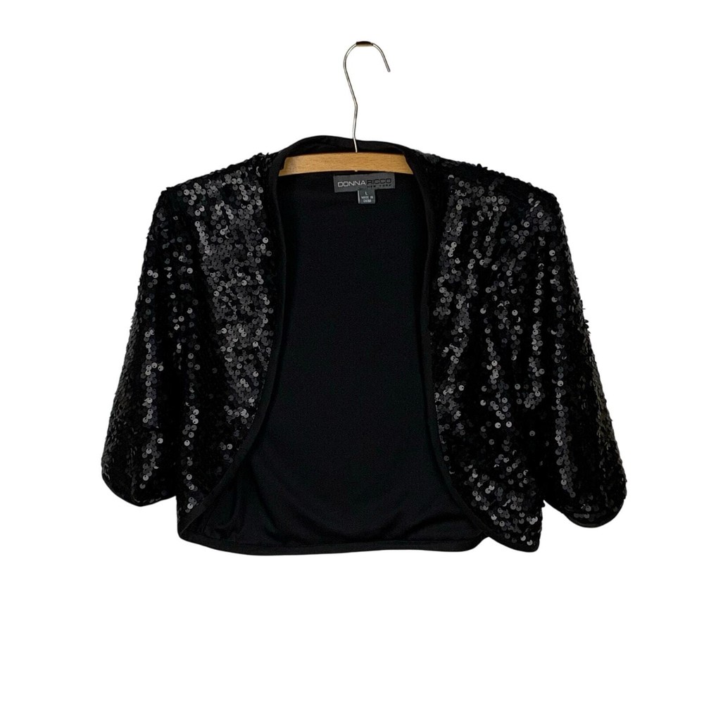 Donna Ricco Matte Black Sequined Bolero Shrug - Size L