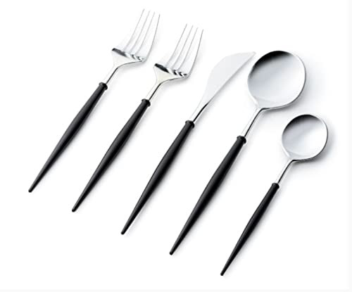Elegant Silver Cutlery Set with Black Handle - 8 Knives, 8 Spoons, 8 Forks Included