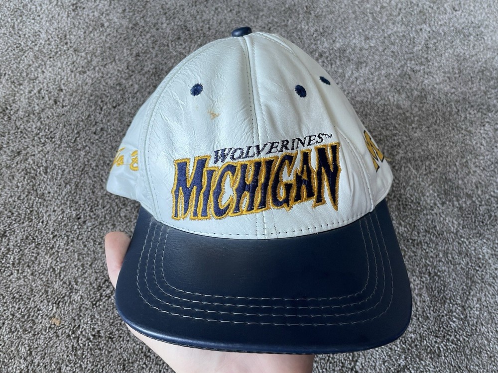 Vintage Michigan Wolverines Hat Cap Mens White Snap Back Genuine Leather USA 90s
