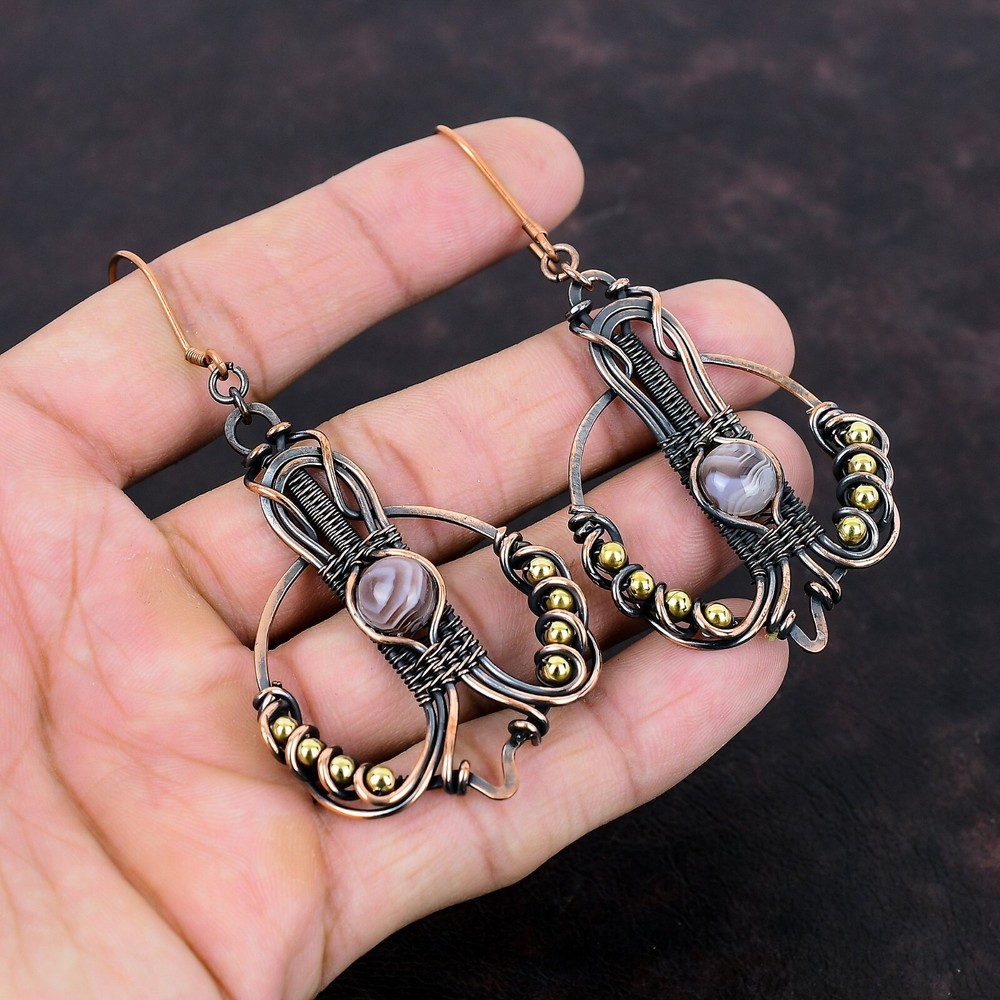 Christmas Sale Copper Botswana Agate Gemstone Drop Wire Wrapped Earrings Jewelry-image