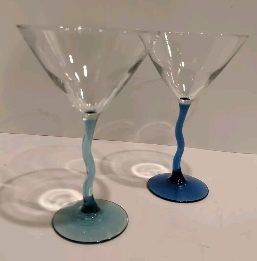 SET OF 2 COCKTAIL MARTINI GLASSES ZIGZAG CROOKED STEM  BLUE