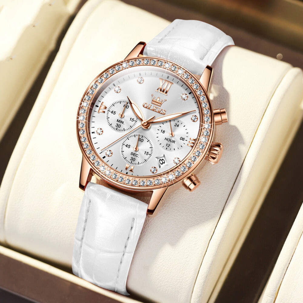 Elegant Women's Multi-Function Quartz Watch with Diamond Accents and Leather Ban