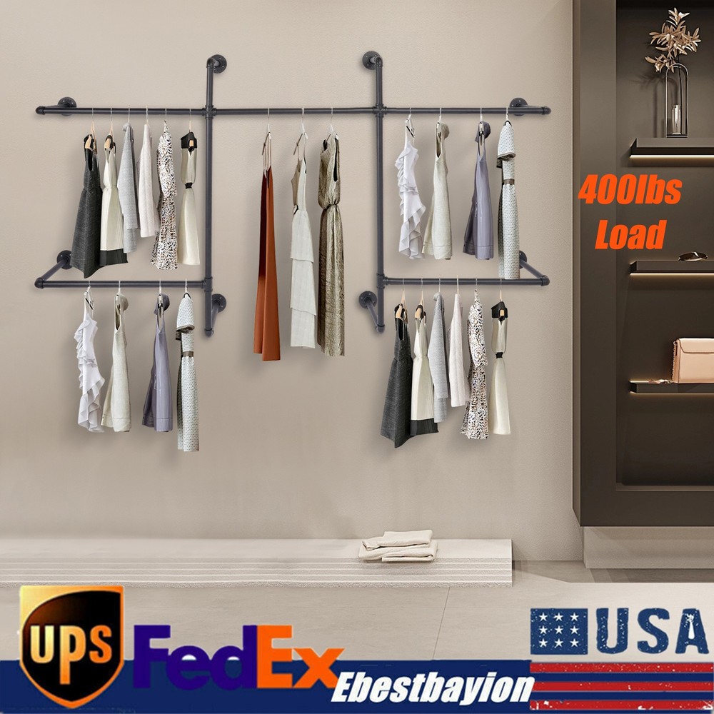 Wall Mounted Industrial Pipe Clothing Rack Heavy Duty Metal Stand