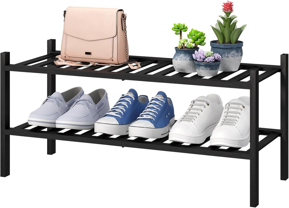 2-Tier Stackable Foldable Black Bamboo Shoe Rack for Entryway