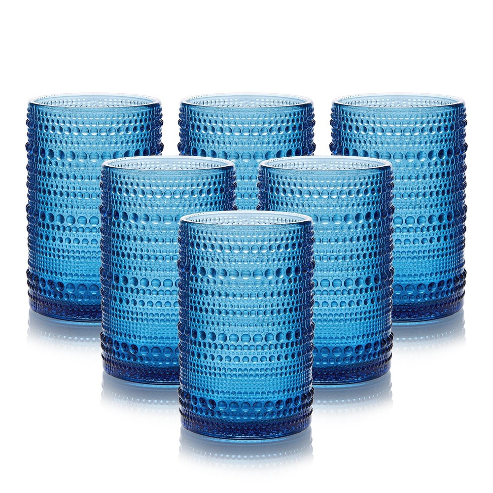 15 oz Vintage Blue Hobnail Glassware Set of 6 with Straws for Drinks