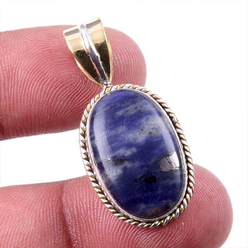 Natural Sodalite Gemstone 925 Solid Sterling Silver Two Tone Pendant 1.25