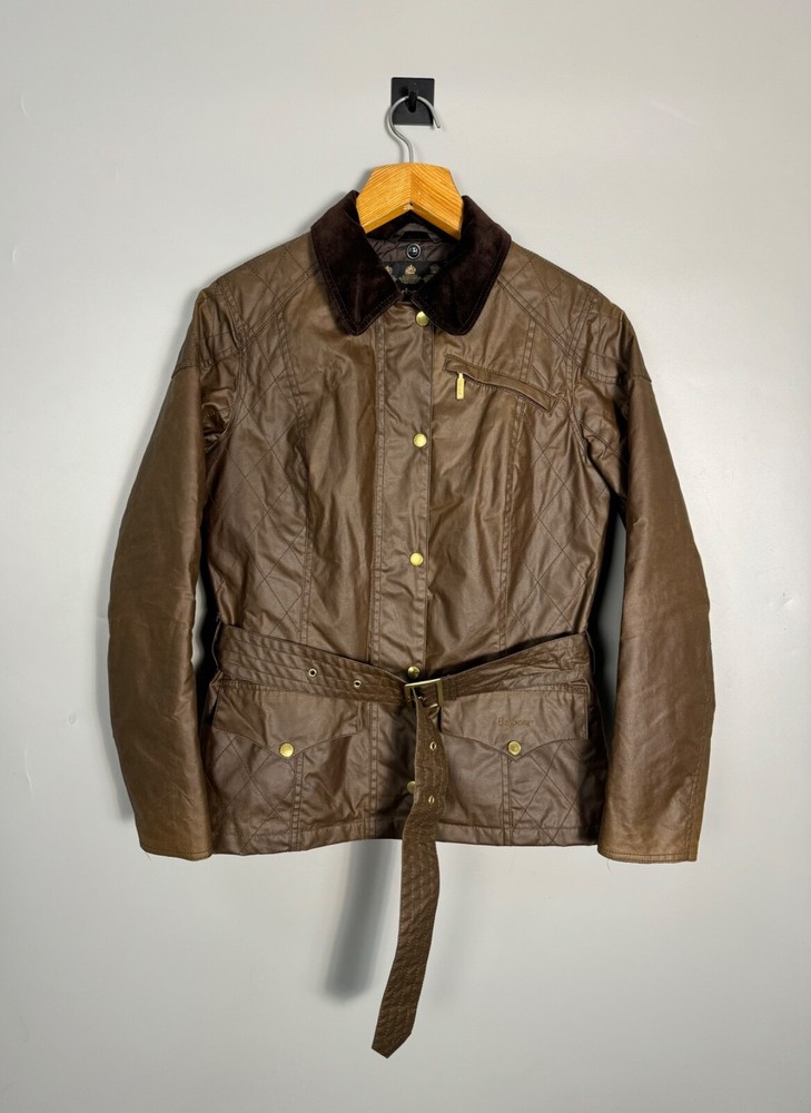 Barbour Women brown waxed jacket with belt zip biker Size 38/us8