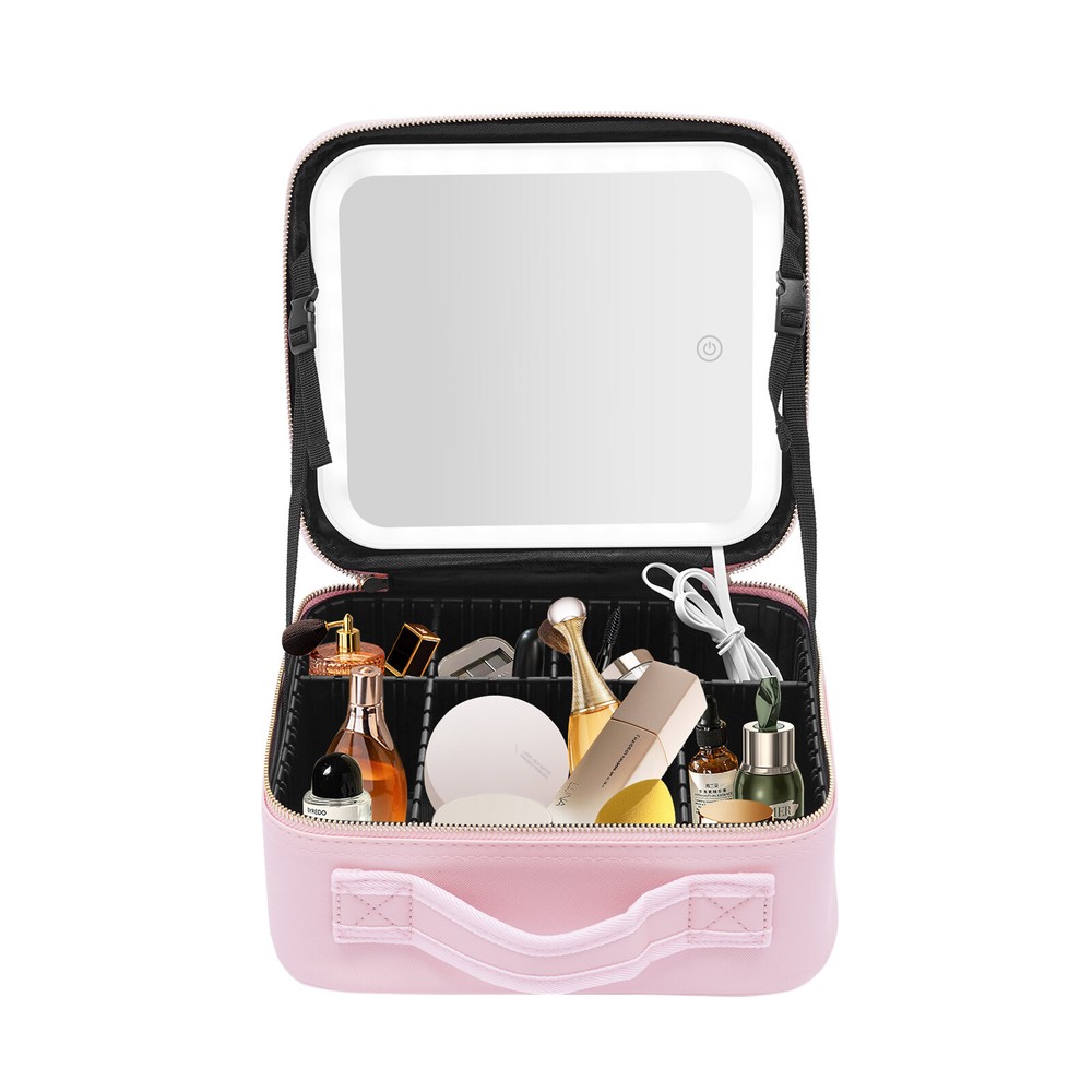Portable LED Travel Makeup Case with Mirror - Pink Cosmetic Organizer