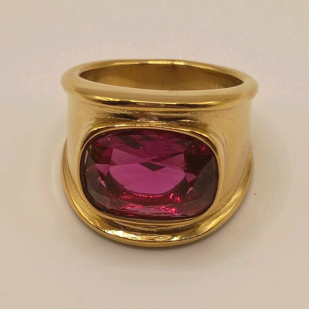 Cigar Band Cocktail Ring Fuchsia CZ Gold Plated Stainless Steel Vintage Style 7