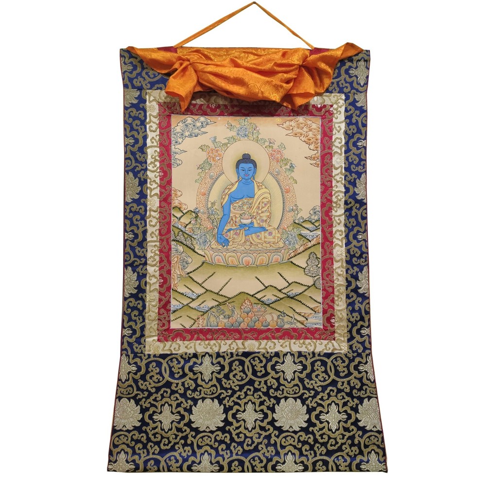Silk Brocade Mounted Consecrated Medicine Buddha Than ka Painting,Healing Buddha
