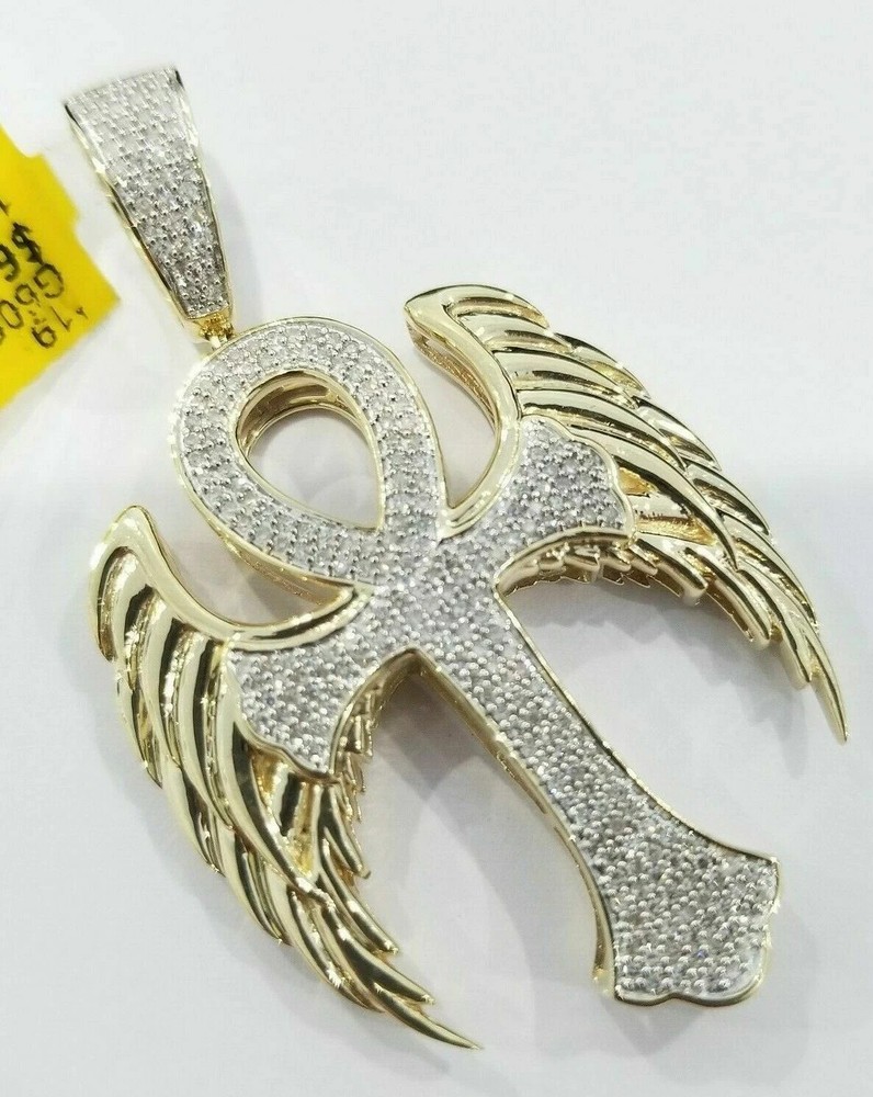 14K Yellow Gold Plated 1 CT Round Moissanite Ankh Cross Angel Wings Mens Pendant
