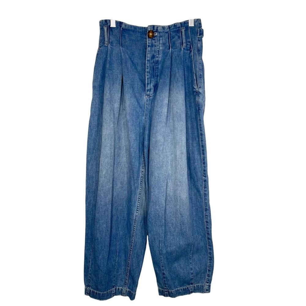 Free People Pleated Wide Leg Jeans in Cotton Linen Blend Caspian Sea Size 0