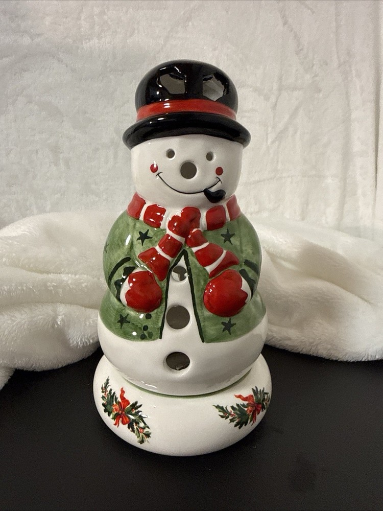 Vintage Pfaltzgraff Ceramic Snowman Tealight Candle Holder 2 Pc. 1999 With Box